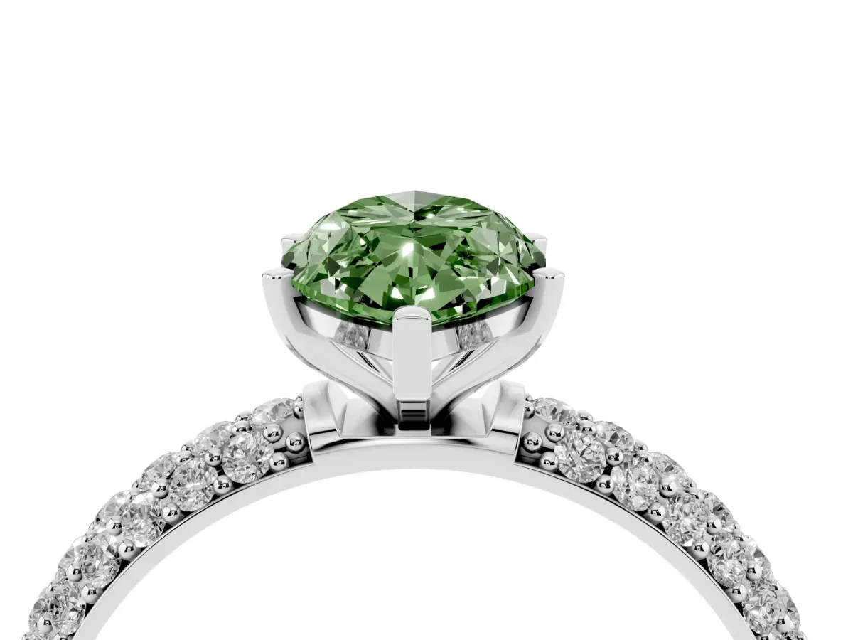Fancy Green Marquise Cut Diamond Solitaire Ring with Prong Setting and Pavé Band Silver