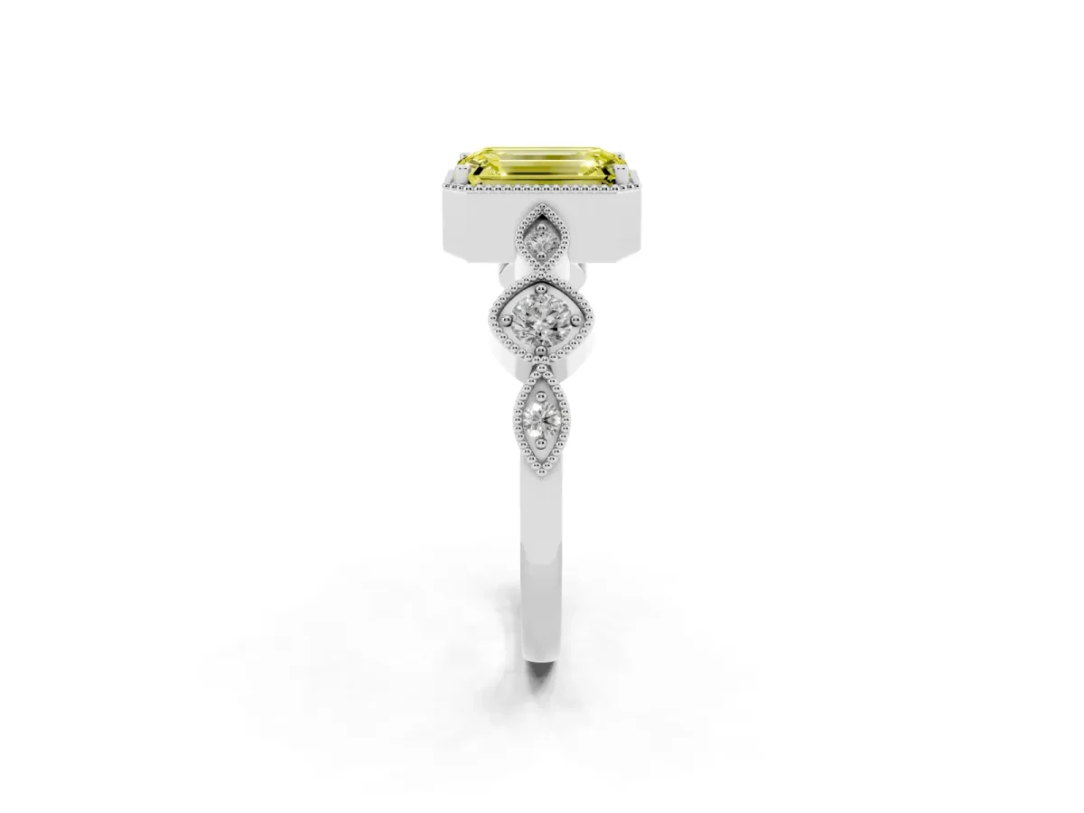 Fancy Yellow Emerald Cut Diamond Vintage Milgrain Ring with Round Stations White gold