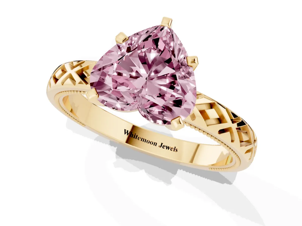 Fancy Pink Heart Cut Solitaire Diamond Ring with Milgrain and Black Enamel X Pattern Band Yellow gold