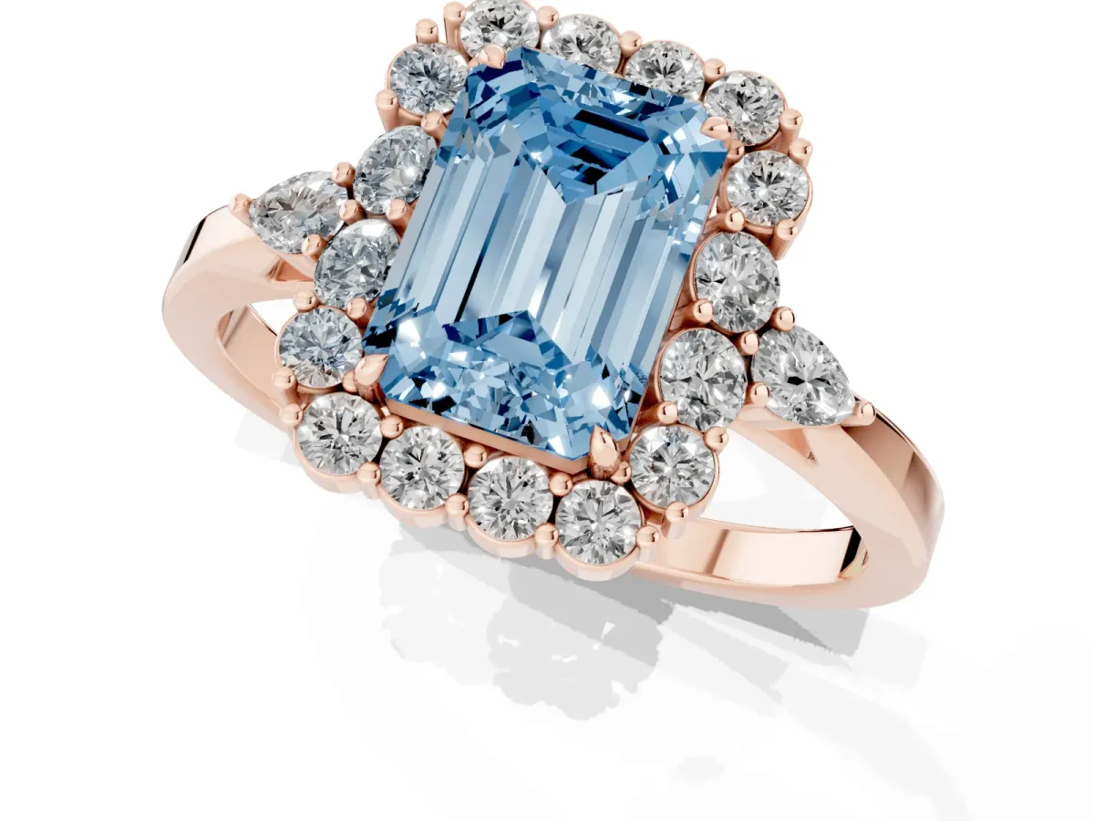 Fancy Blue Emerald Cut Diamond Halo Ring with Pear Side Stones and Prong Setting Rose gold