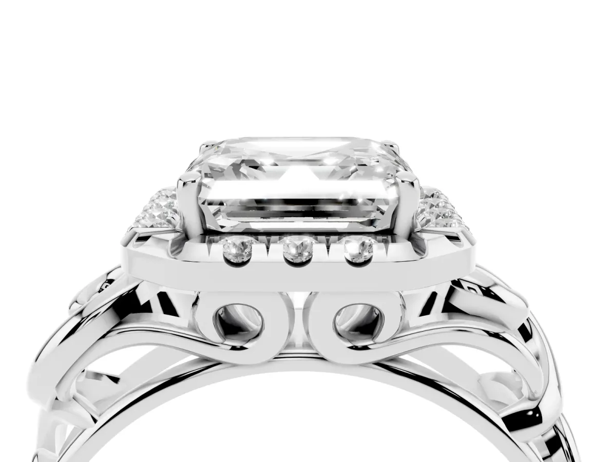 Asscher Cut Cut Halo Diamond Ring with Scrollwork Band and Four-Prong Setting Silver