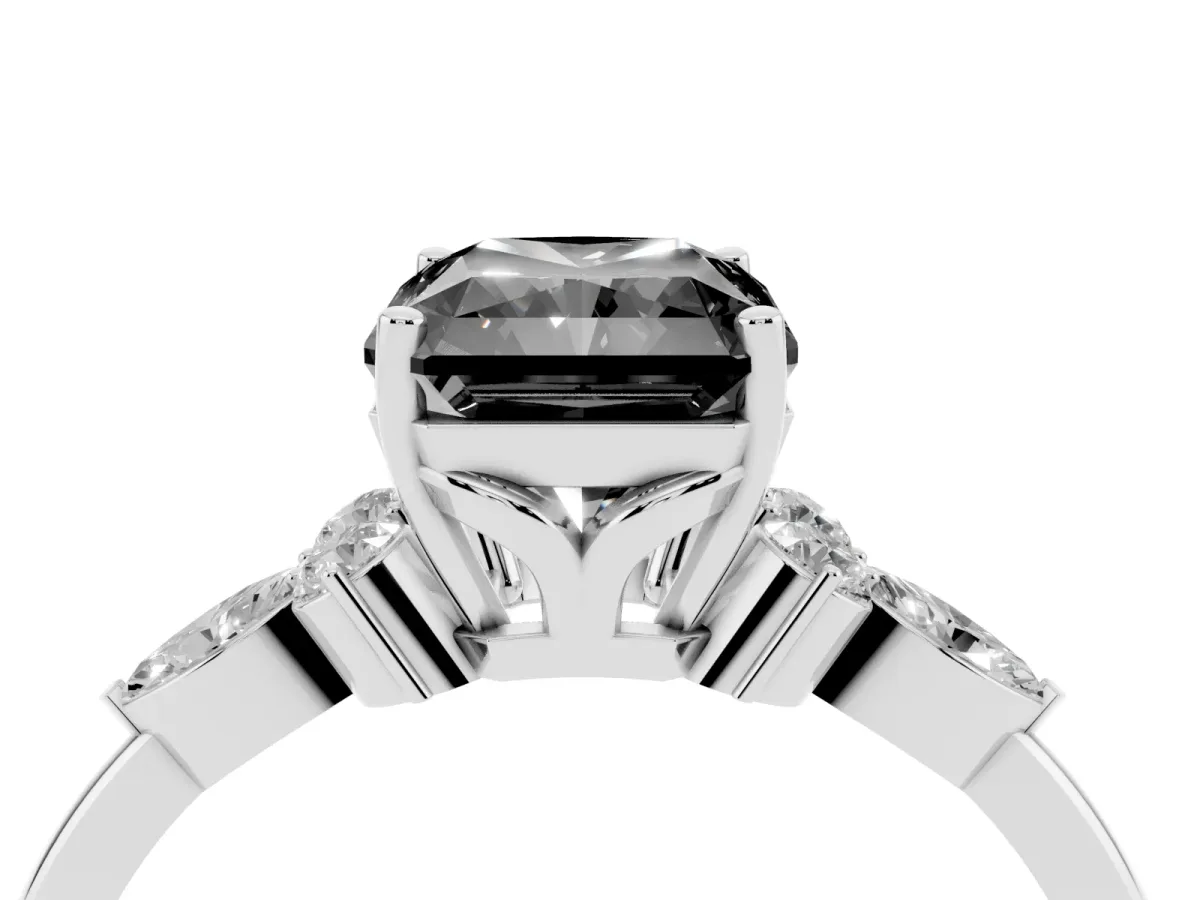 Fancy Black Radiant Cut Brilliant Diamond Solitaire Ring with Pear Side Stones and Four-Prong Setting Platinum