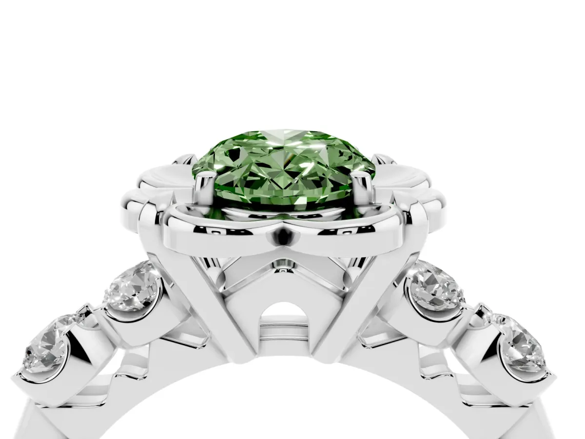 Fancy Green Oval Cut Cut Diamond Floral Halo Engagement Ring with Shared Prong Setting Silver