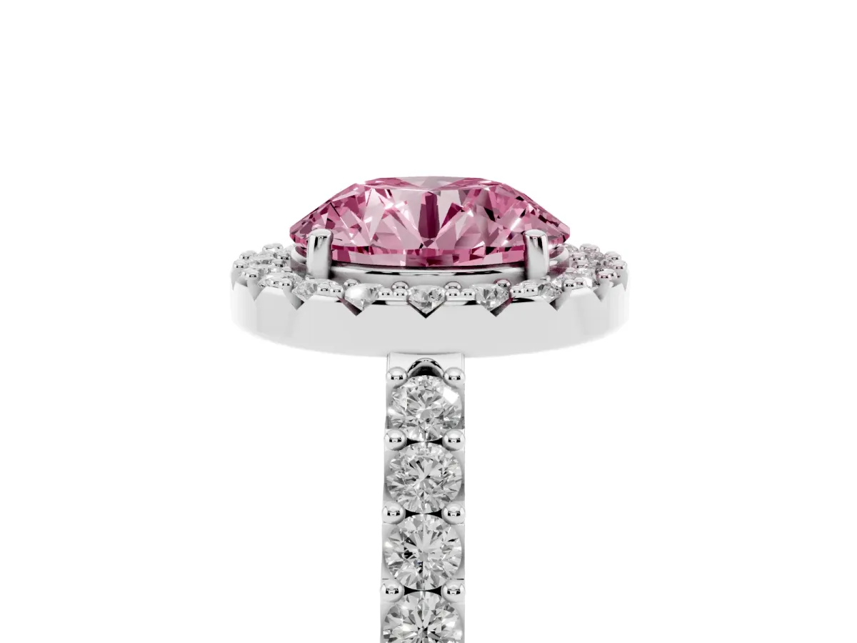 Fancy Pink Round Cut Halo Diamond Pavé Solitaire Ring Silver