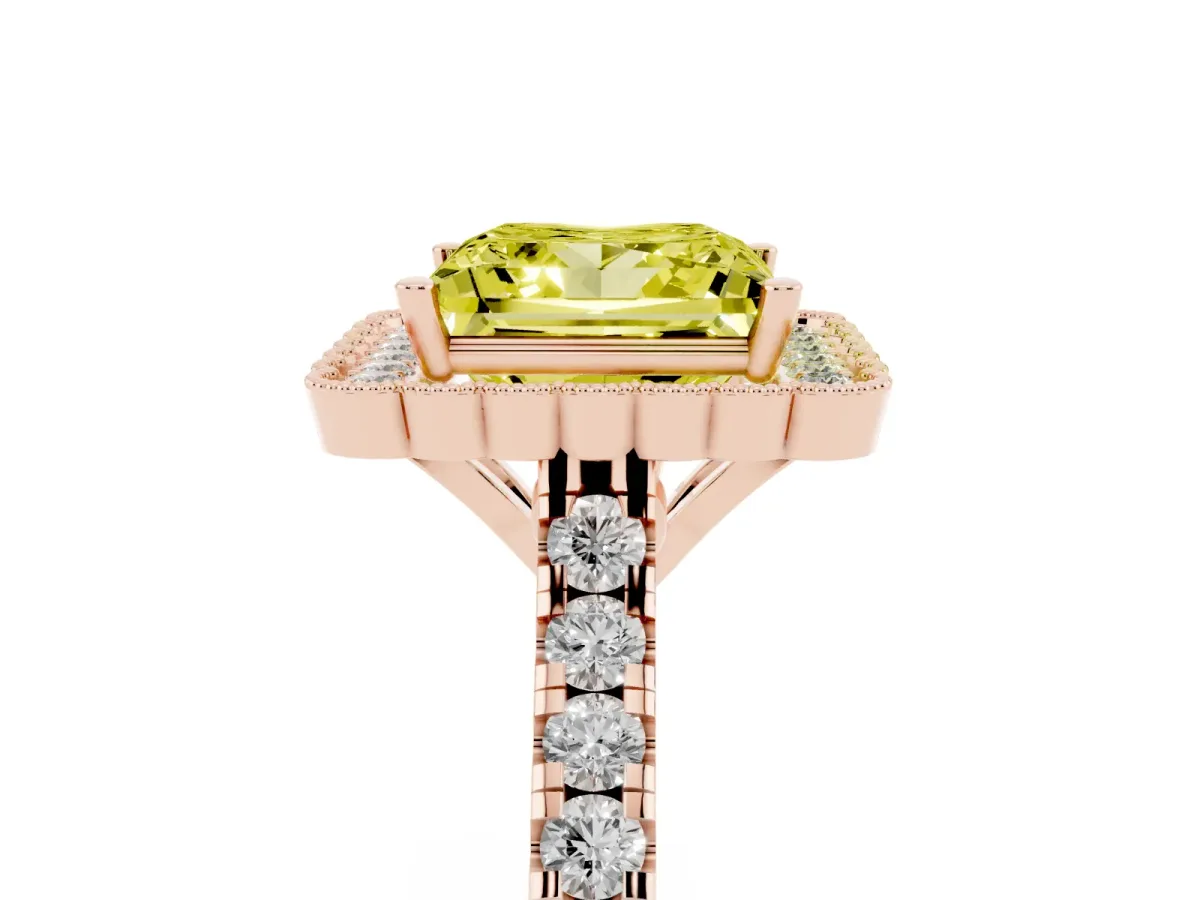 Fancy Yellow Princess Cut Cut Diamond Milgrain Floral Halo Engagement Ring with Pavé Band Rose gold