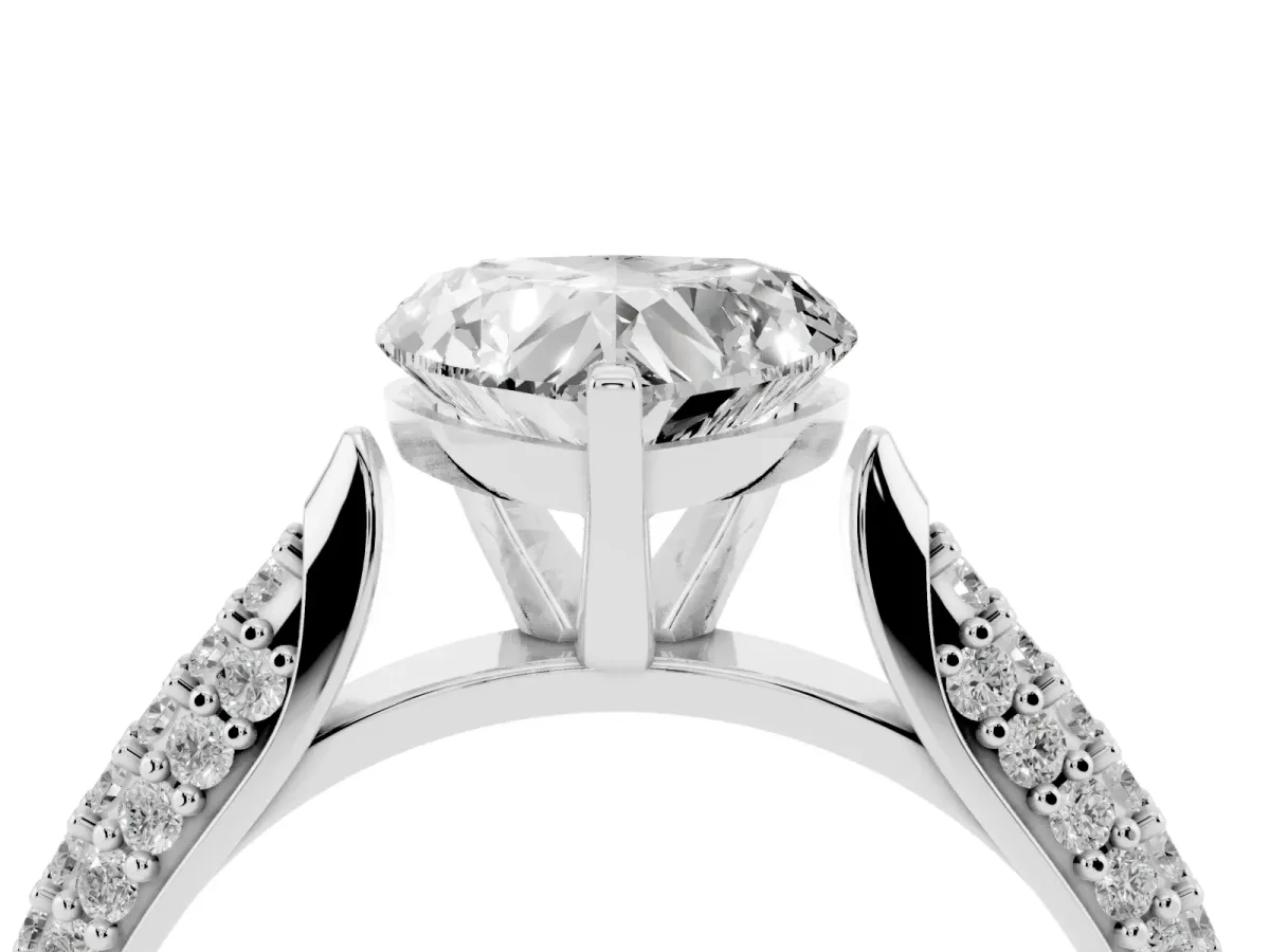 Heart Cut Diamond Solitaire Engagement Ring with Multi-Row Round Pavé Band and Prong Setting White gold