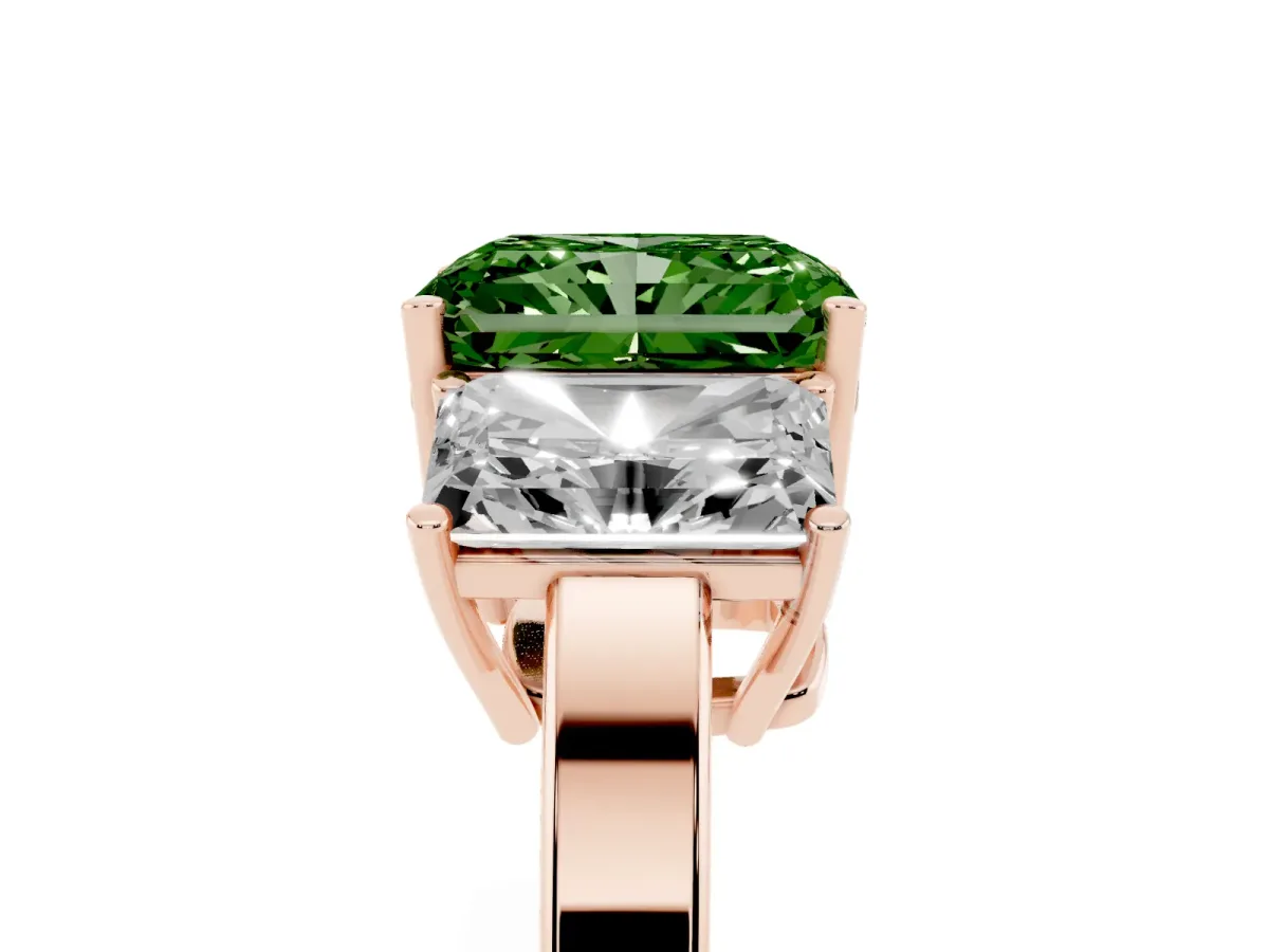 Fancy Green Three-Stone Radiant Cut Cut Diamond Engagement Ring with Flat Band and Four-Prong Setting Rose gold