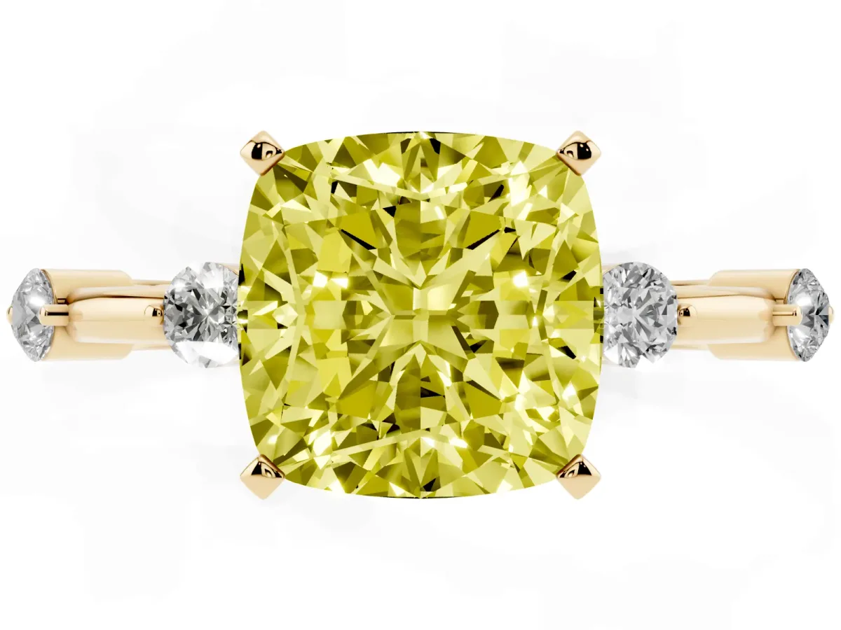 Fancy Yellow Cushion Cut Solitaire Diamond Ring with Bezel Set Side Stones and Prong Setting Yellow gold