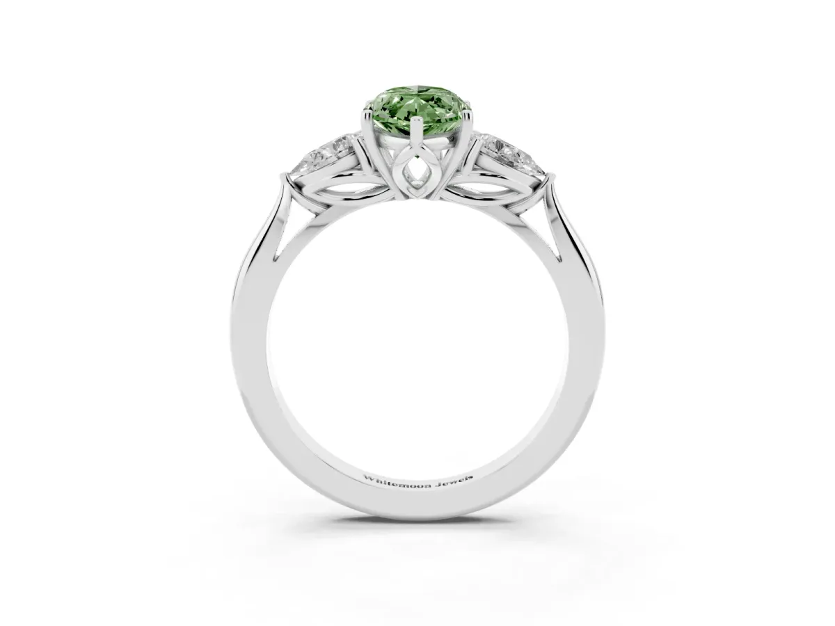 Fancy Green Three-Stone Marquise Cut Diamond Ring with Pear Side Stones in Four-Prong Setting Silver