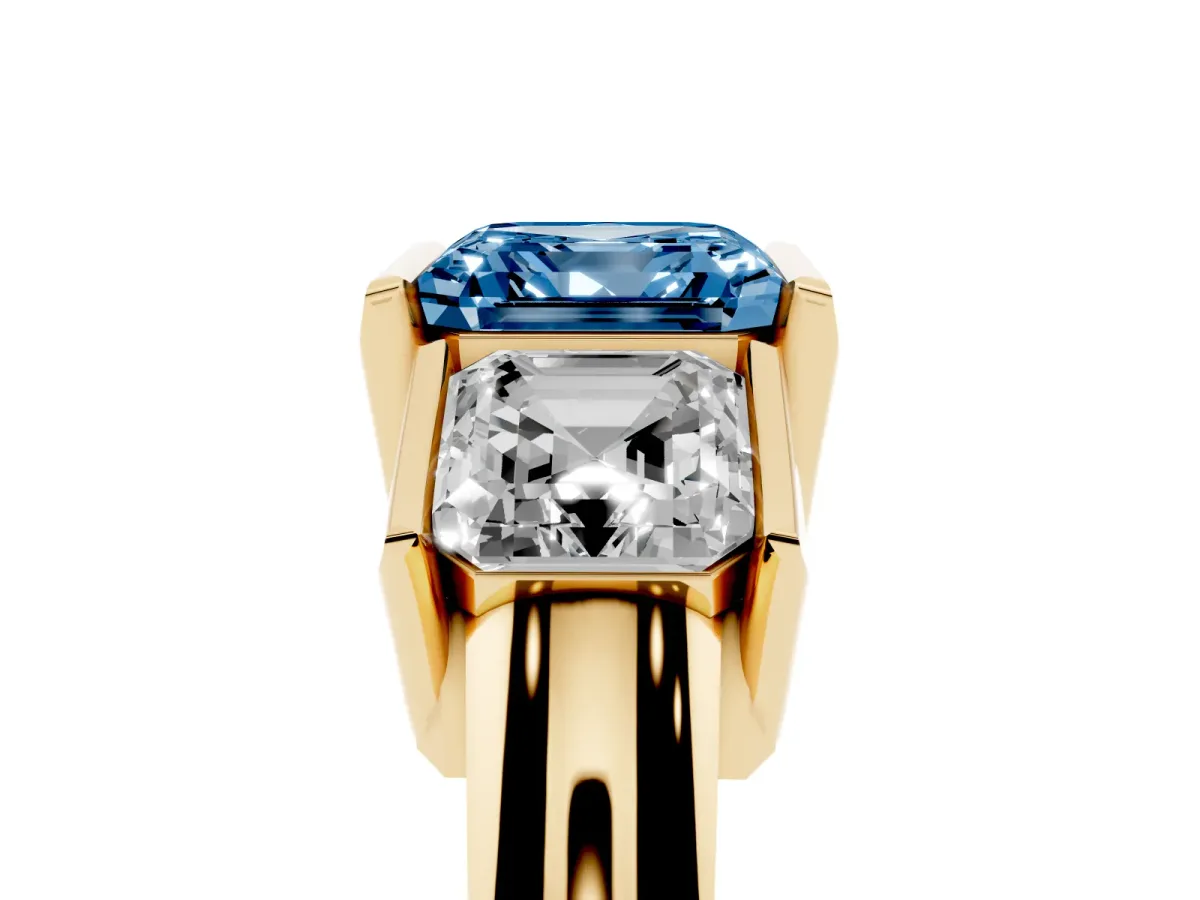 Fancy Blue Three Stone Asscher Cut Cut Channel Set Diamond Ring Yellow gold