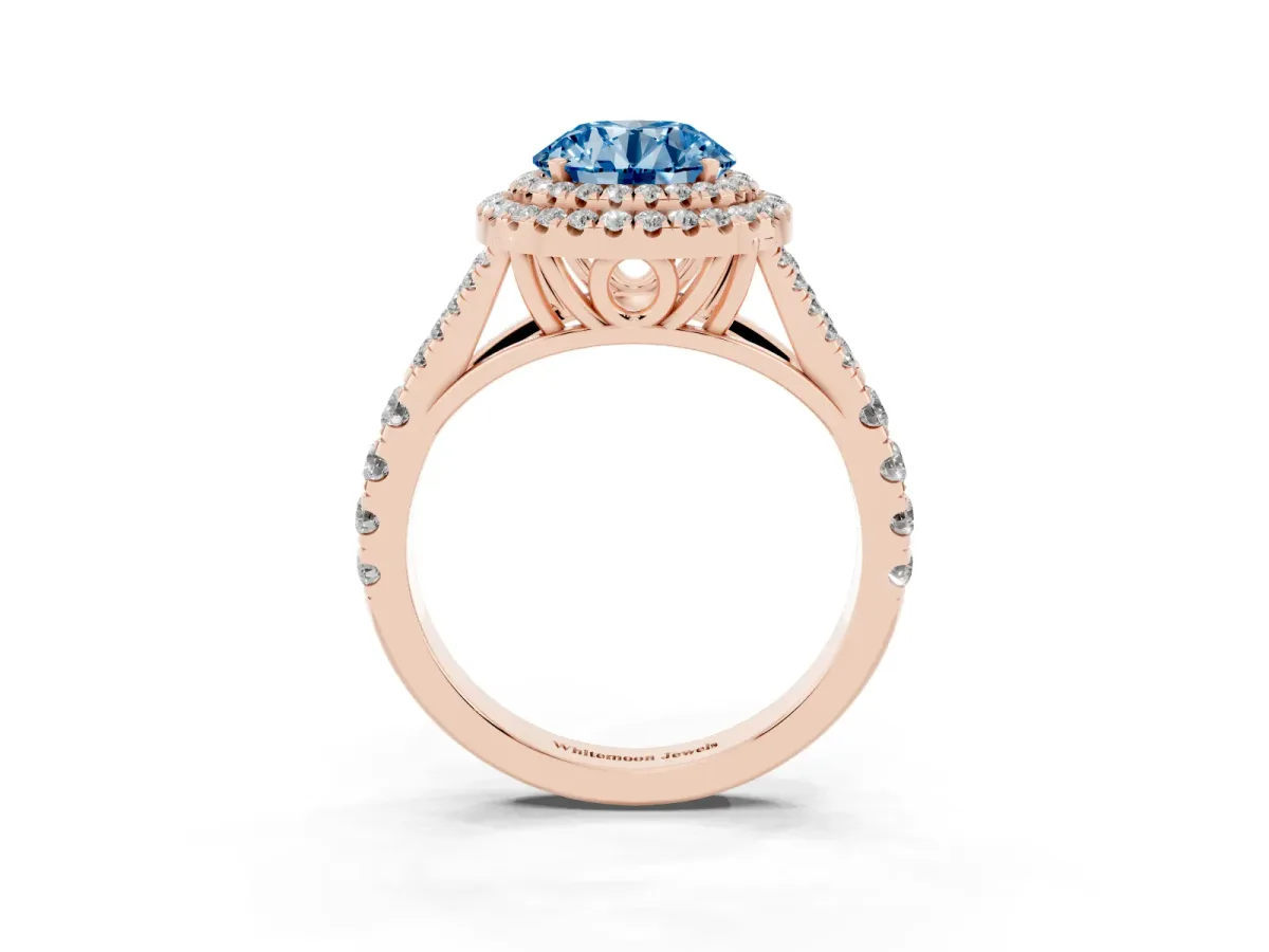 Fancy Blue Round Cut Cut Double Halo Split Shank Diamond Ring with Prong Setting Rose gold