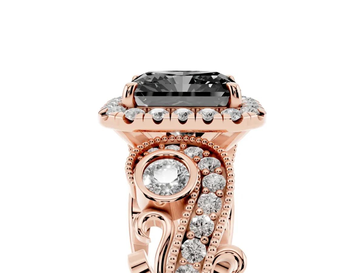Fancy Black Radiant Cut Halo Diamond Ring with Milgrain and Bezel Accents on a Split Shank Band Rose gold