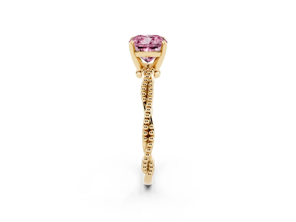 Fancy Pink Cushion Cut Solitaire Twisted Band with Bead Prong Setting Yellow gold