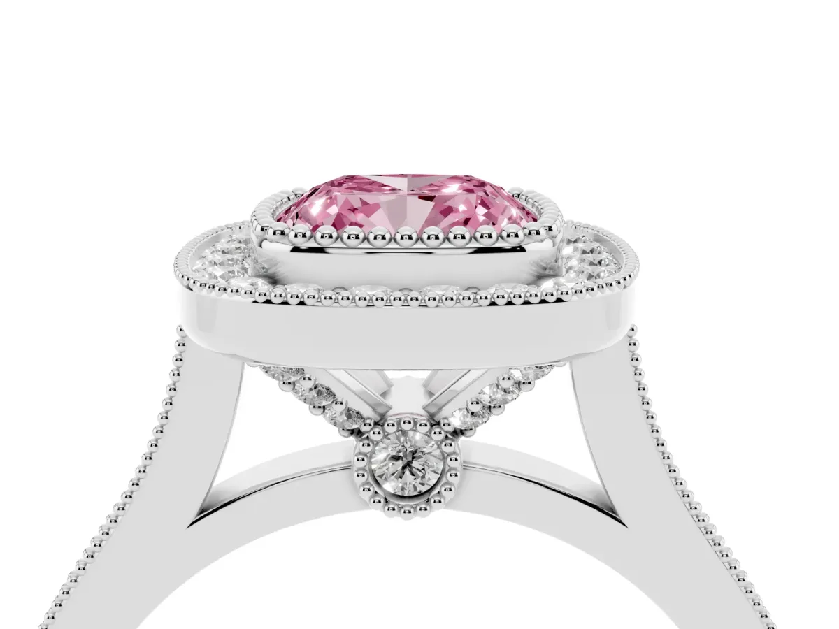 Fancy Pink Cushion Cut Diamond Halo Ring with Milgrain Frame and Pavé Band Platinum