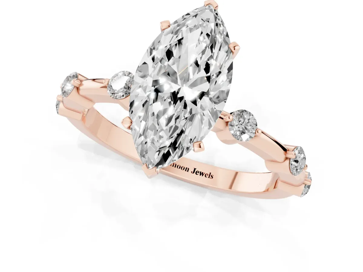 Marquise Cut Solitaire Diamond Ring with Bezel Set Side Stones and Prong Setting Rose gold