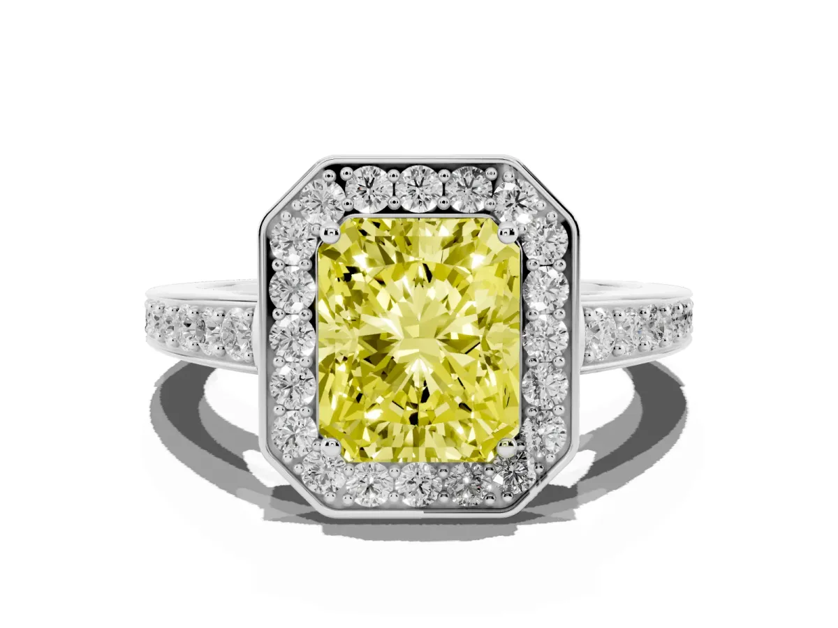 Fancy Yellow Radiant Cut Halo Pavé Diamond Engagement Ring with Bezel Setting Silver