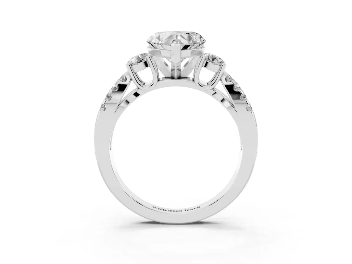 Heart Cut Diamond Three-Stone Ring with Pavé Split Shank and Four-Prong Setting White gold