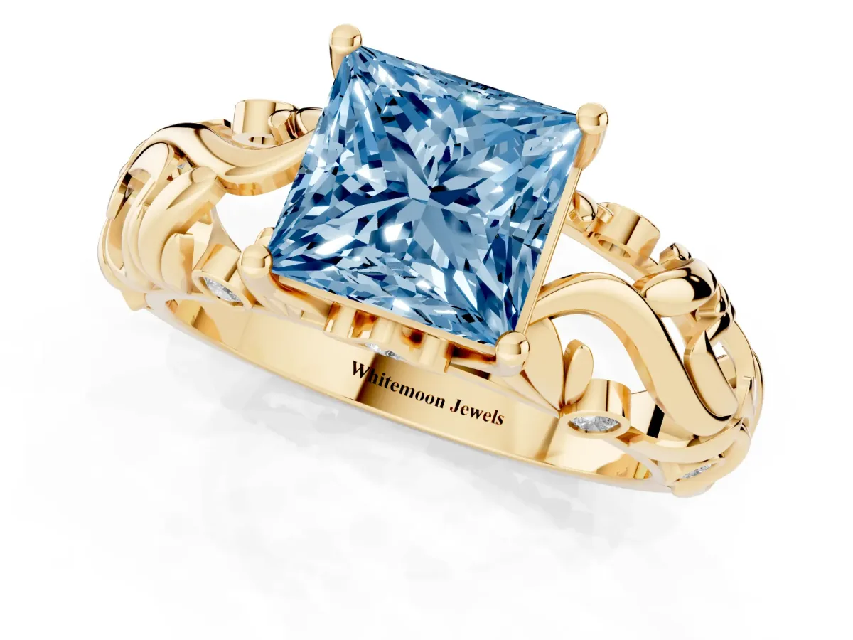 Fancy Blue Princess Cut Solitaire Diamond Leaf-Inspired Vine Band Ring with Prong Setting Yellow gold