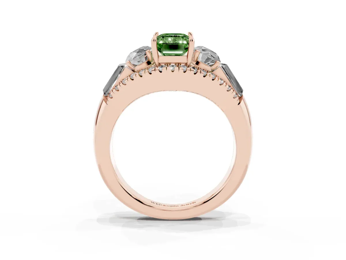 Fancy Green Three-Stone Emerald Cut Diamond Engagement Ring with Pave Band and Prong Setting Rose gold