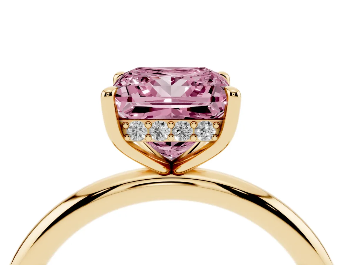 Fancy Pink Princess Cut Diamond Solitaire Ring with Thin Band and Four-Prong Setting Yellow gold