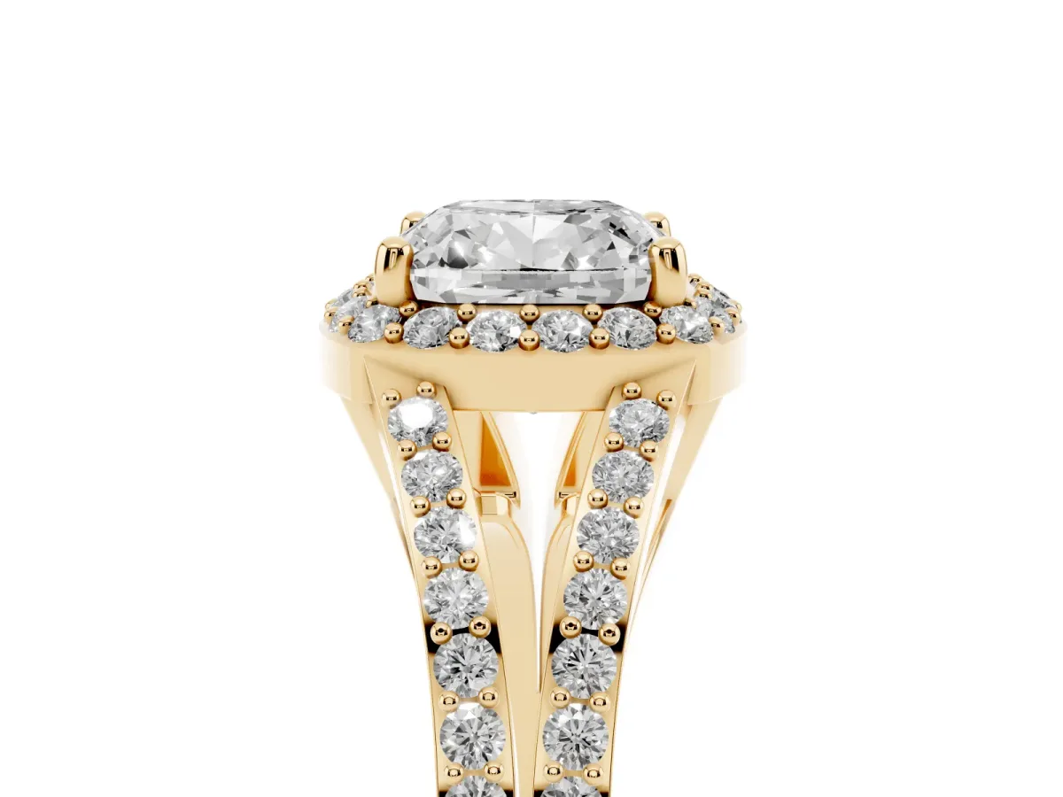 Cushion Cut Halo Split Shank Diamond Ring with Prong Setting Yellow gold