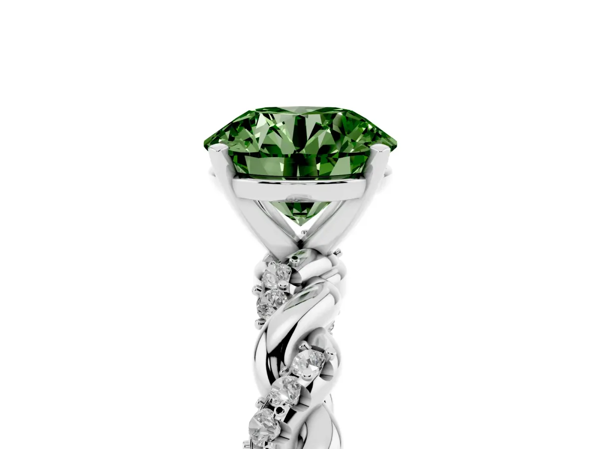 Fancy Green Round Cut Diamond Solitaire Ring with Twisted Band and Pavé Accents Silver