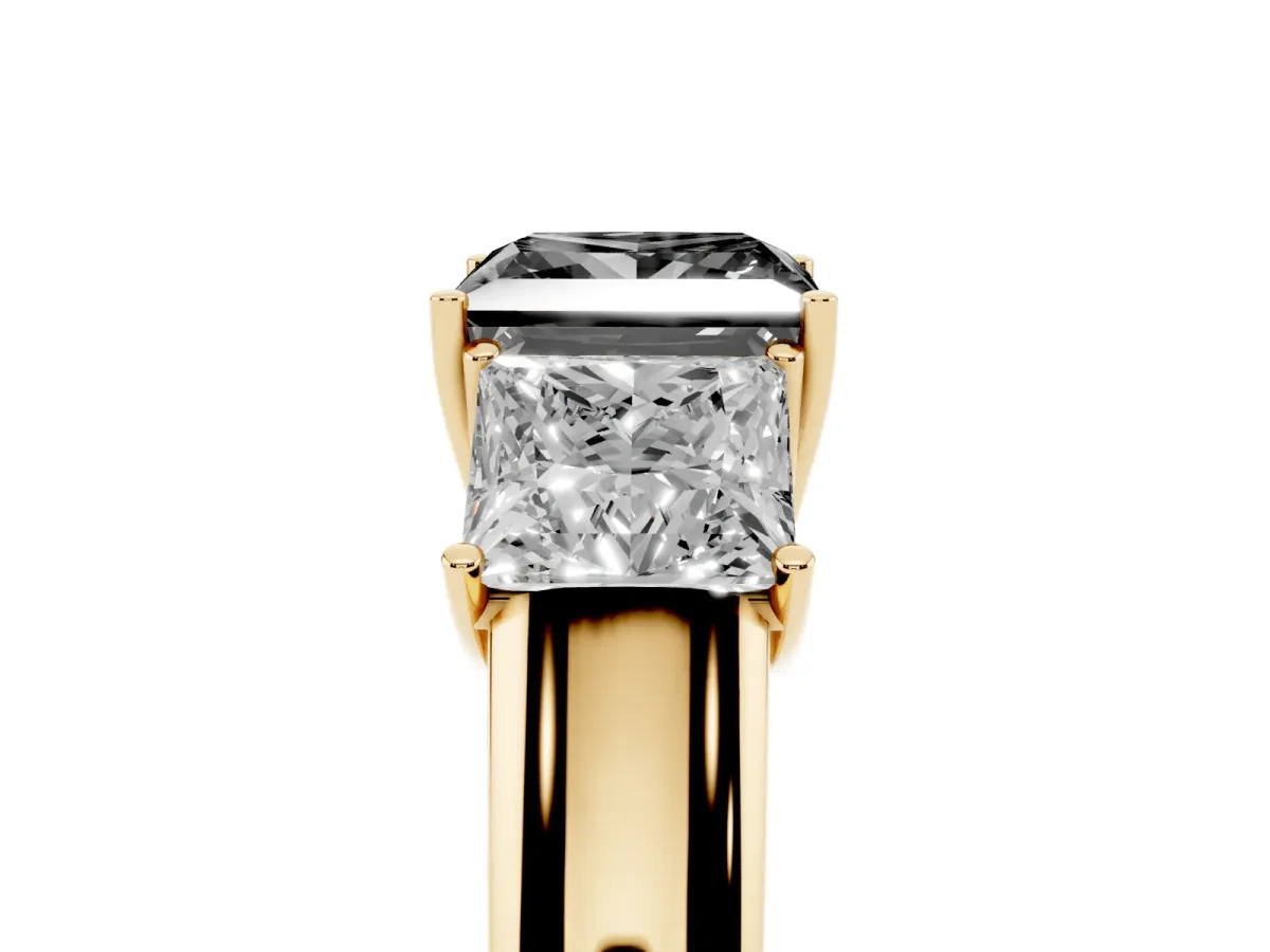 Fancy Black Three-Stone Princess Cut Cut Diamond Ring with Prong Setting and Classic Band Yellow gold