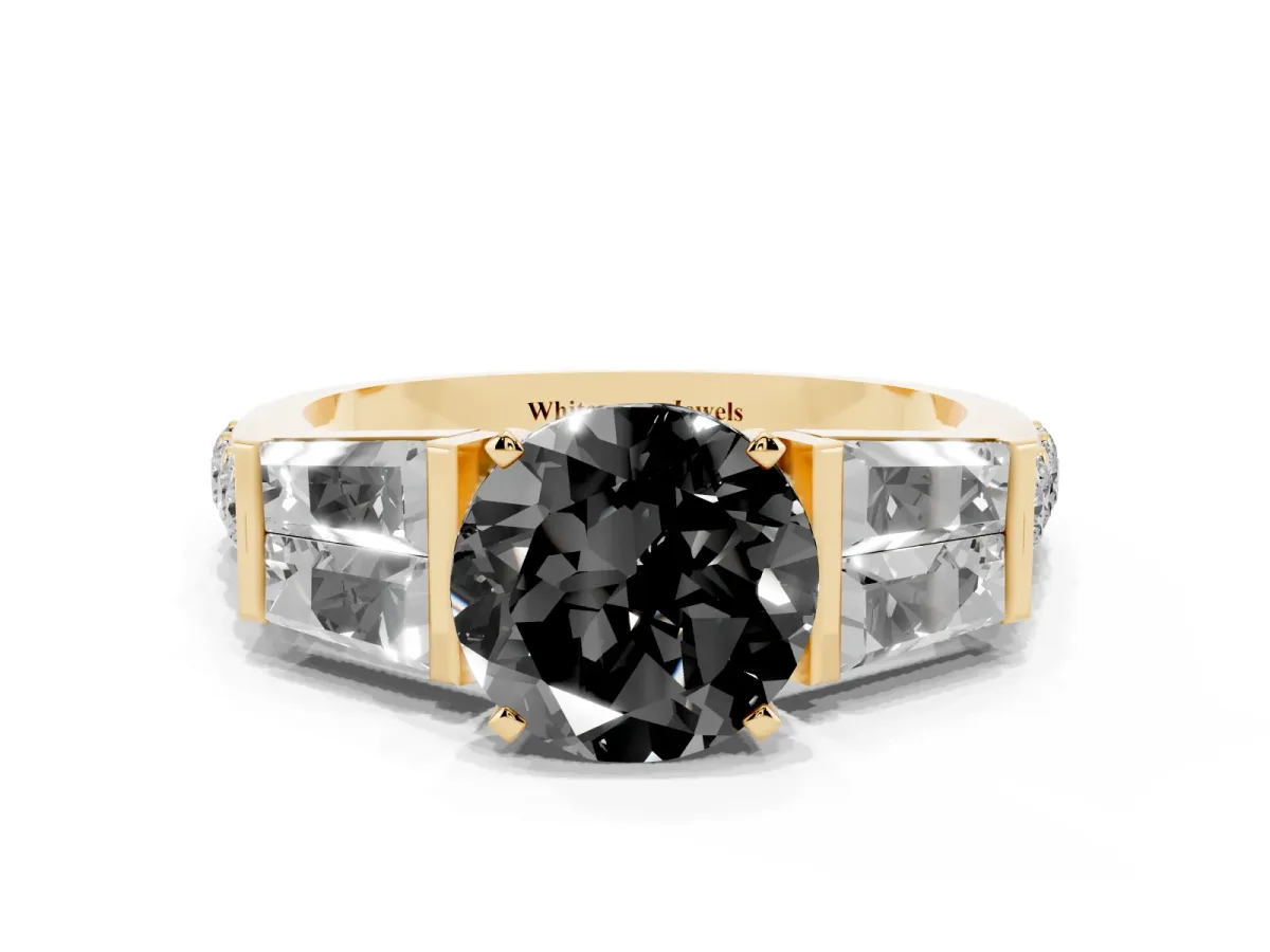 Fancy Black Round Cut Diamond Engagement Ring with Baguette Side Stones and Channel Set Band Yellow gold