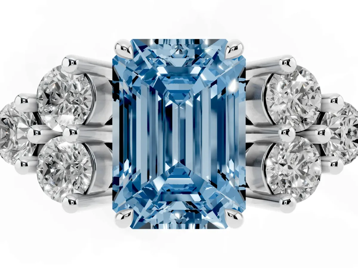 Fancy Blue Emerald Cut Brilliant Diamond Cluster Accent Solitaire Ring with Prong Setting White gold