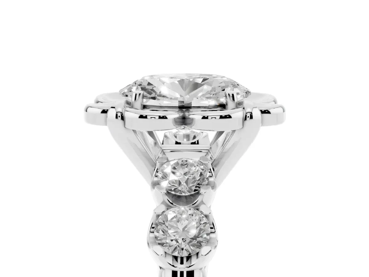 Oval Cut Cut Diamond Floral Halo Engagement Ring with Shared Prong Setting Platinum