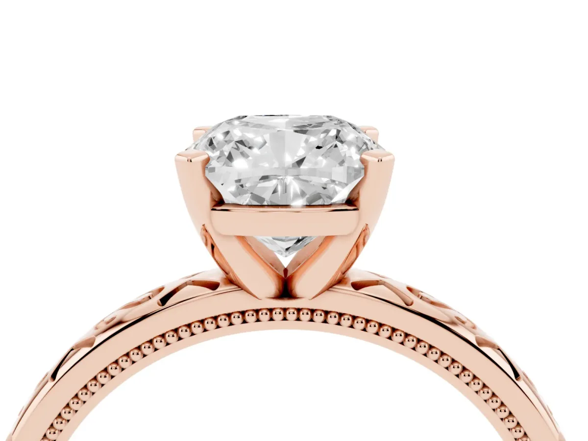 Cushion Cut Solitaire Engagement Ring with Scrollwork Band and Four-Prong Setting Rose gold