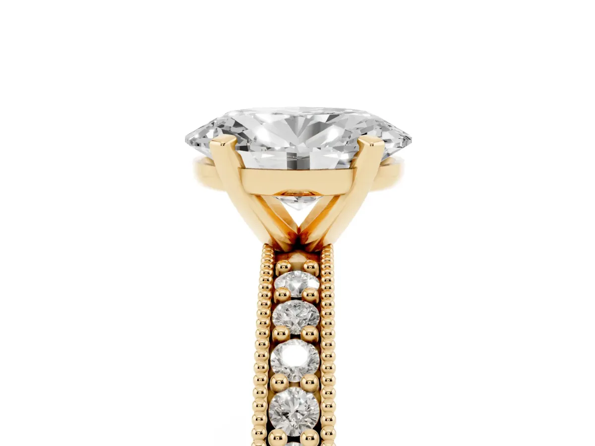 Oval Cut Diamond Milgrain Pavé Engagement Ring with Four-Prong Setting Yellow gold