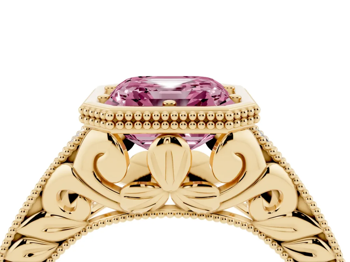 Fancy Pink Bezel Set Asscher Cut Diamond Milgrain Pave Engagement Ring Yellow gold