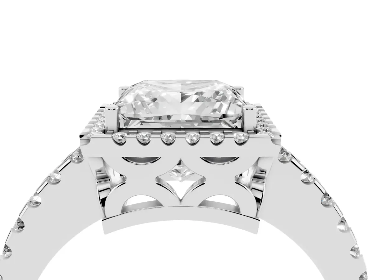 Princess Cut Diamond Halo Engagement Ring with Pavé Band and Prong Setting Platinum