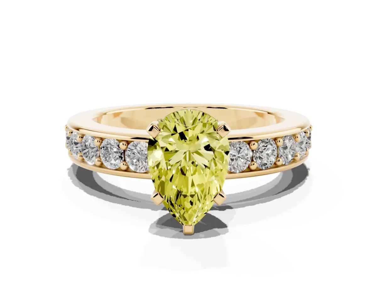 Fancy Yellow Pear Cut Diamond Engagement Ring with Channel Set Round Band and Prong Setting Yellow gold