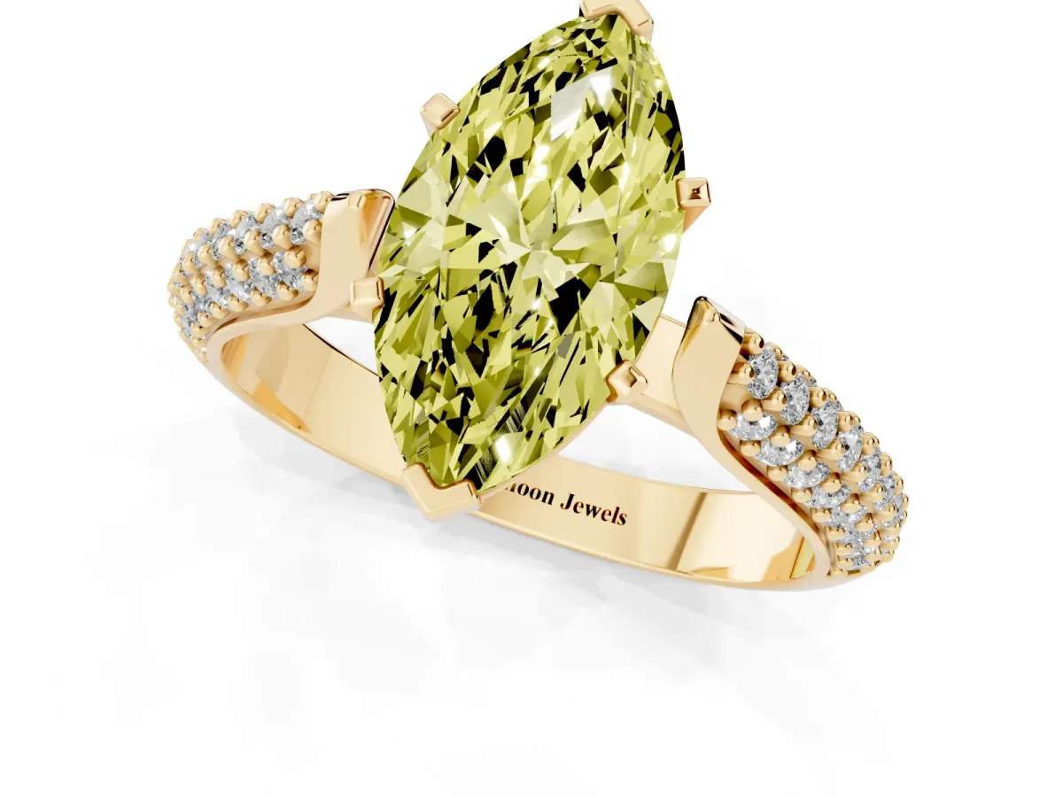 Fancy Yellow Marquise Cut Diamond Solitaire Engagement Ring with Multi-Row Round Pavé Band and Prong Setting Yellow gold