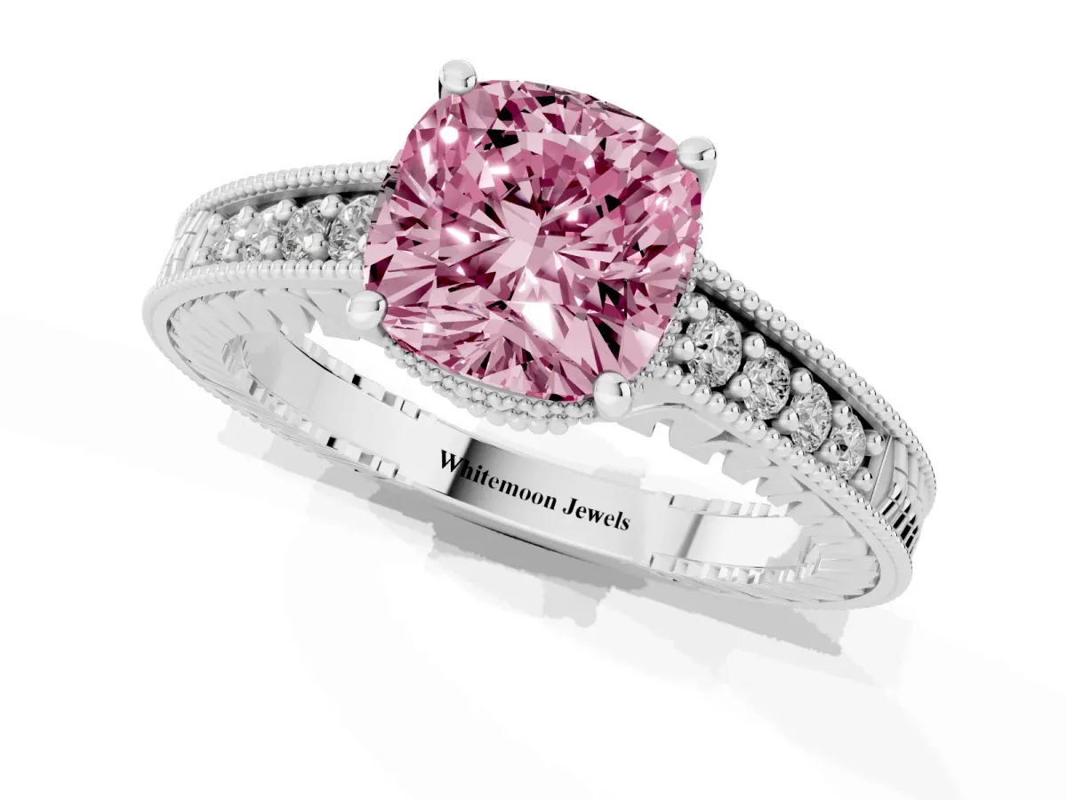Fancy Pink Cushion Cut Solitaire Pavé Diamond Milgrain Engagement Ring with Four-Prong Setting Silver