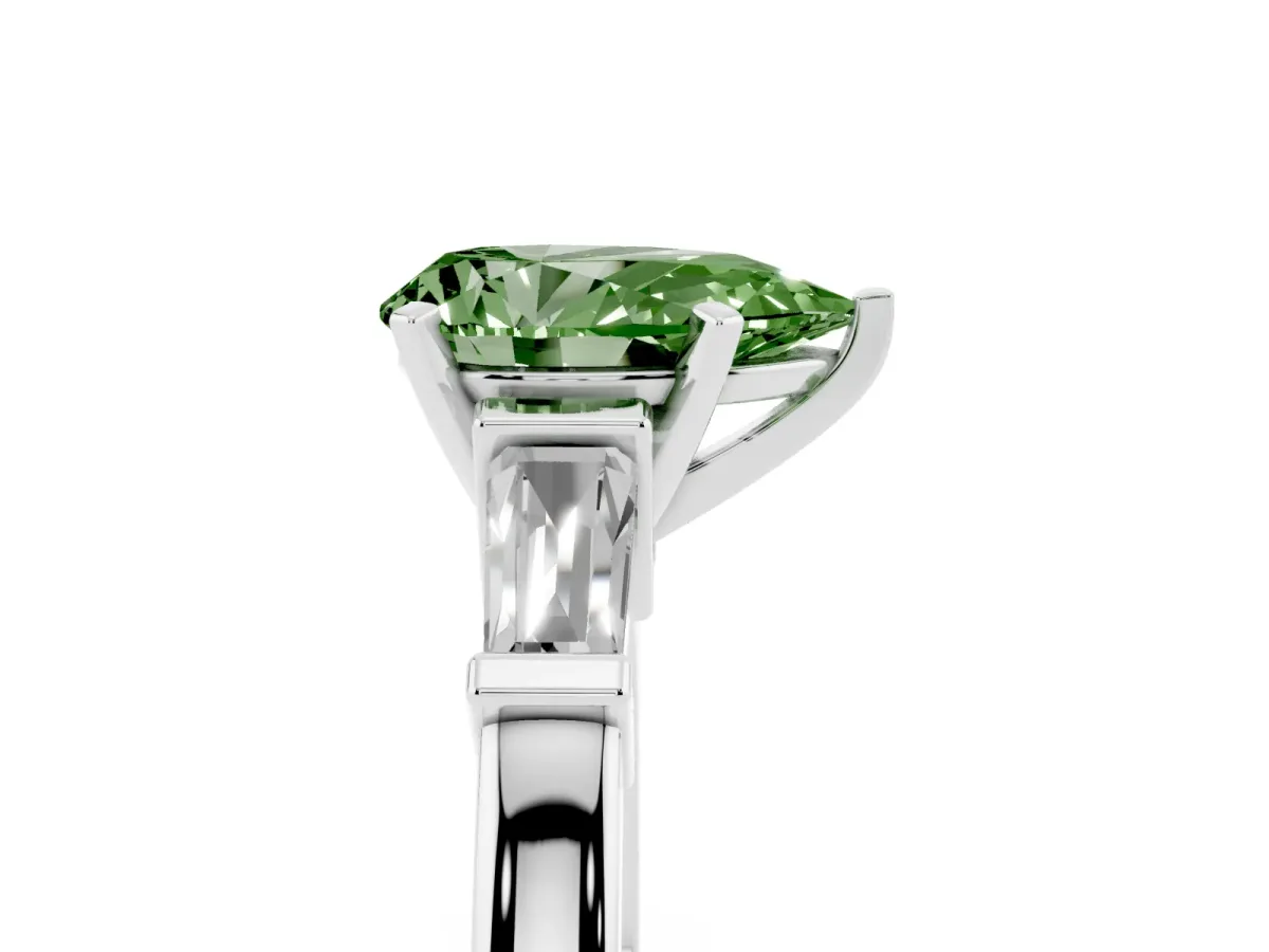 Fancy Green Pear Cut Cut Diamond Solitaire Ring with Tapered Baguette Accents and Four-Prong Setting Silver