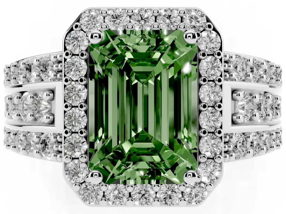Fancy Green Emerald Cut Halo Diamond Ring with Round Split Shank and Prong Setting Silver
