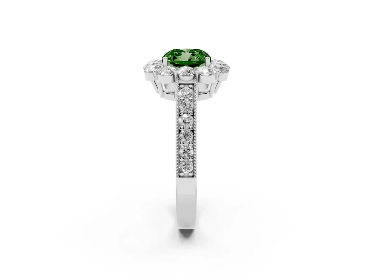 Fancy Green Cushion Cut Cut Halo Diamond Pavé Engagement Ring with Milgrain Detailing Silver