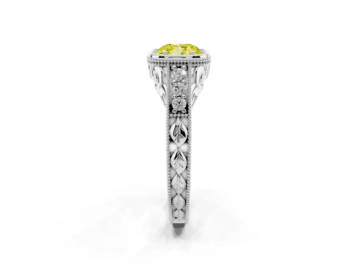 Fancy Yellow Bezel Set Cushion Cut Diamond Milgrain Pave Engagement Ring Silver