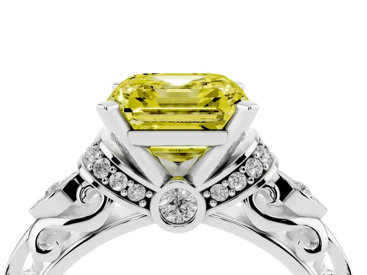 Fancy Yellow Asscher Cut Diamond Solitaire Ring with Filigree Band and Four-Prong Setting Silver