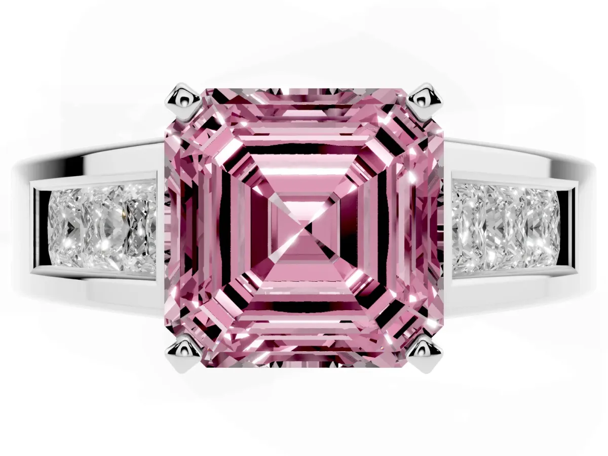Fancy Pink Asscher Cut Cut Channel Set Solitaire Ring with Four-Prong Setting Silver