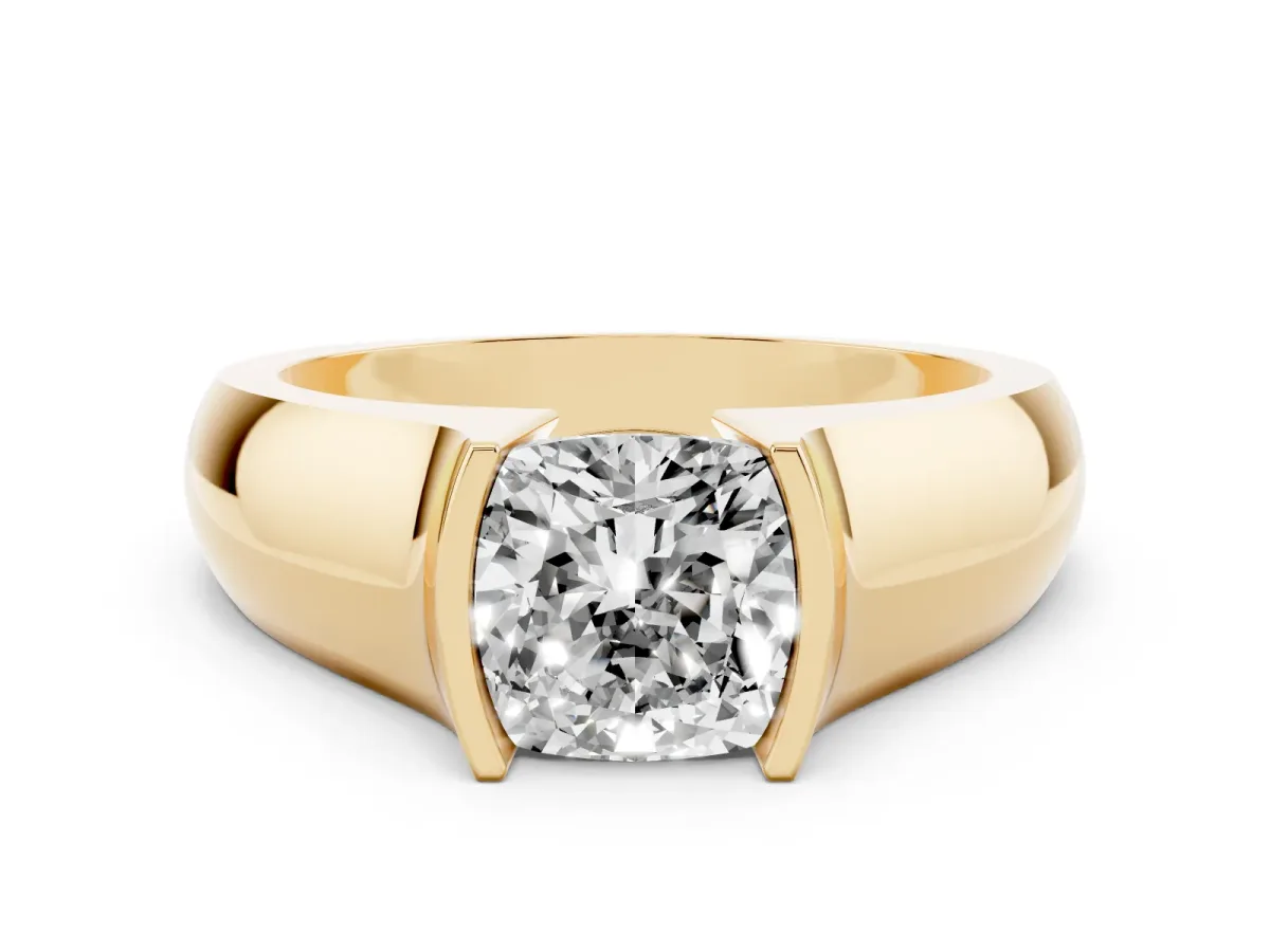 Cushion Cut Solitaire Bezel Set Diamond Ring with Wide Band Yellow gold