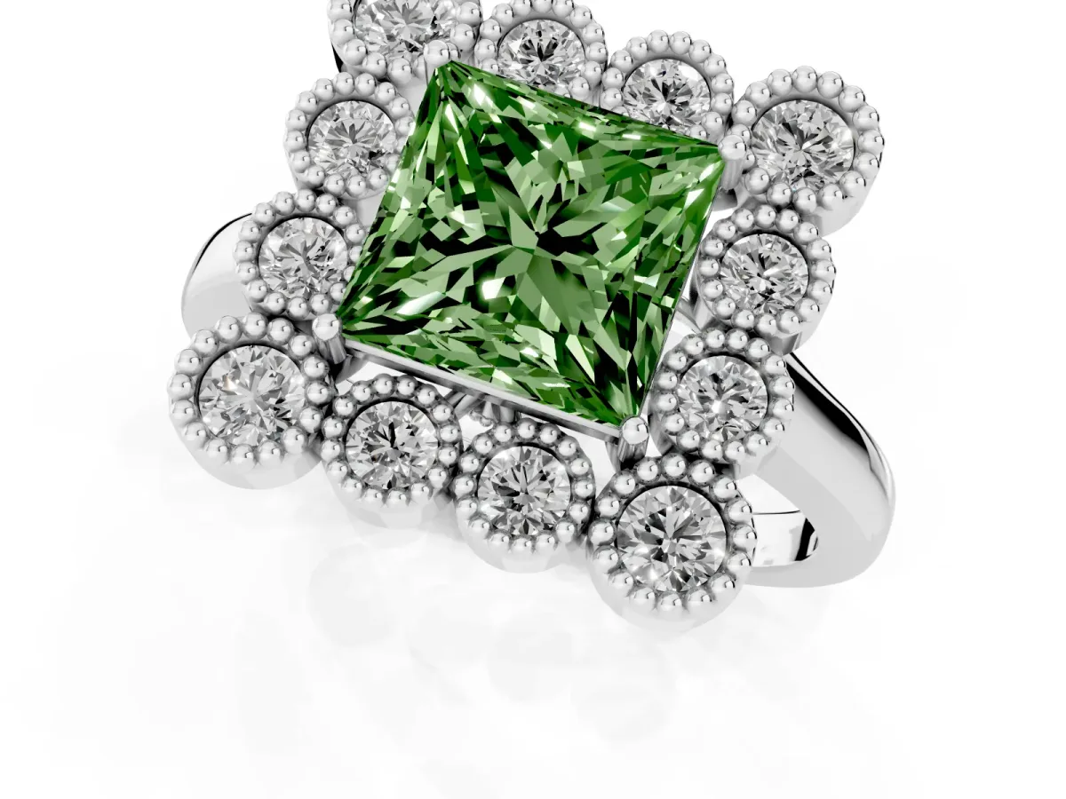 Fancy Green Princess Cut Halo Diamond Cluster Engagement Ring with Milgrain Bezel Setting and Solitaire Band White gold
