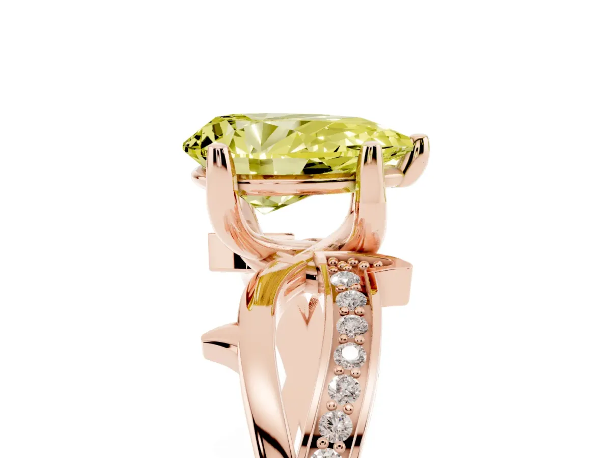 Fancy Yellow Pear Cut Solitaire Twist Band with Pavé Accents and Four-Prong Setting Rose gold