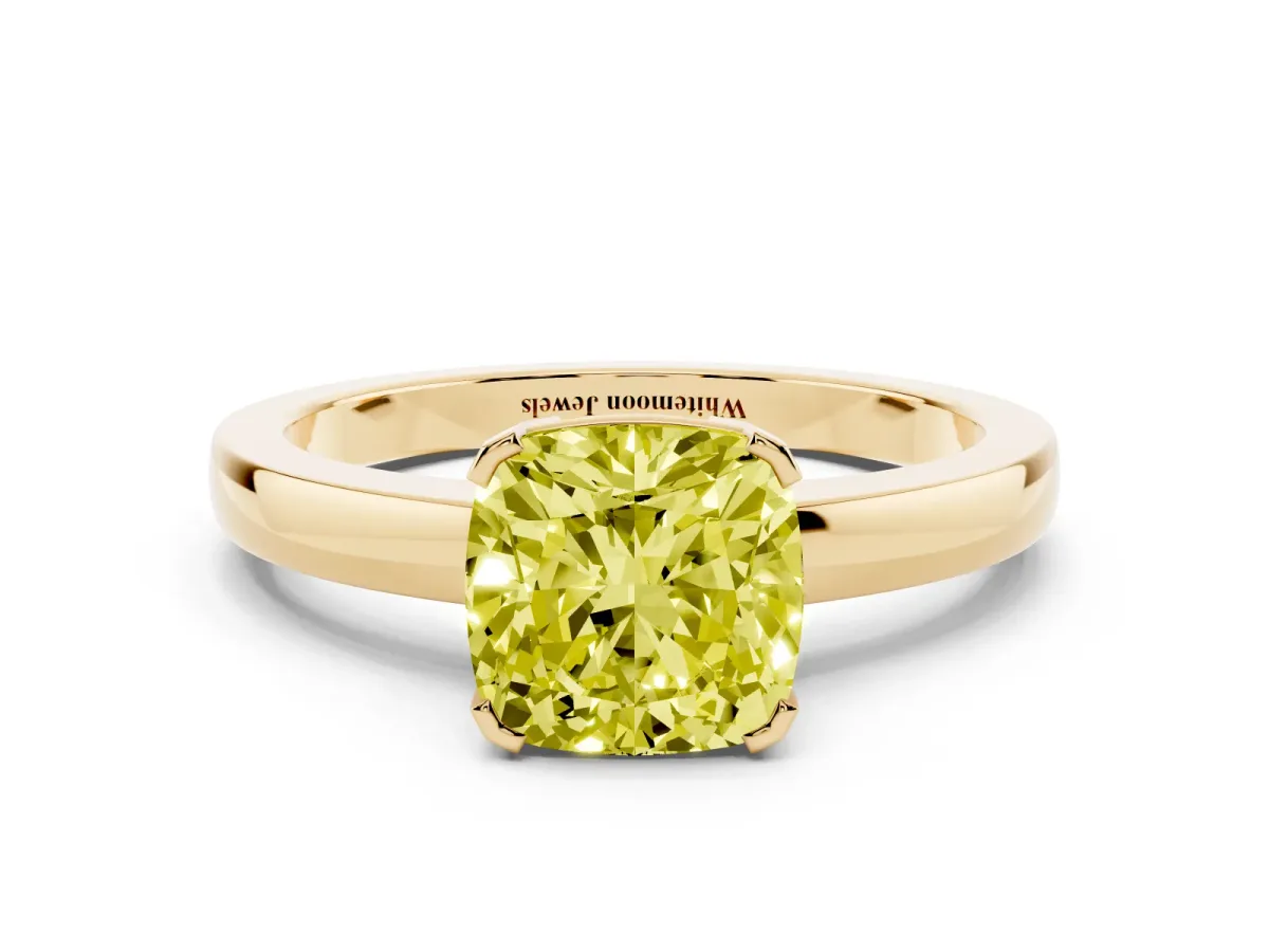 Fancy Yellow Cushion Cut Cut Solitaire Ring with Four-Prong Setting and Classic Band Yellow gold
