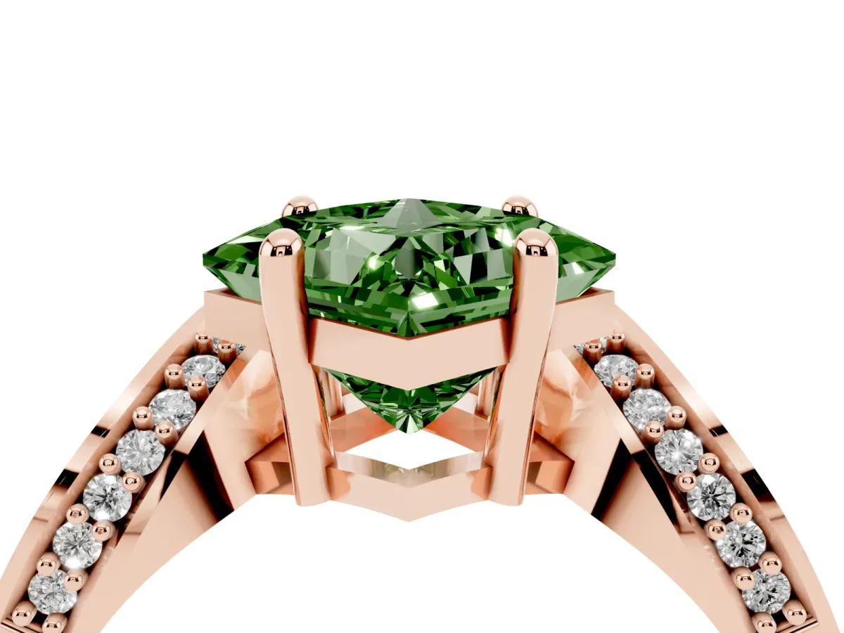 Fancy Green Princess Cut Solitaire Diamond Engagement Ring with Pave Band and Four-Prong Setting Rose gold