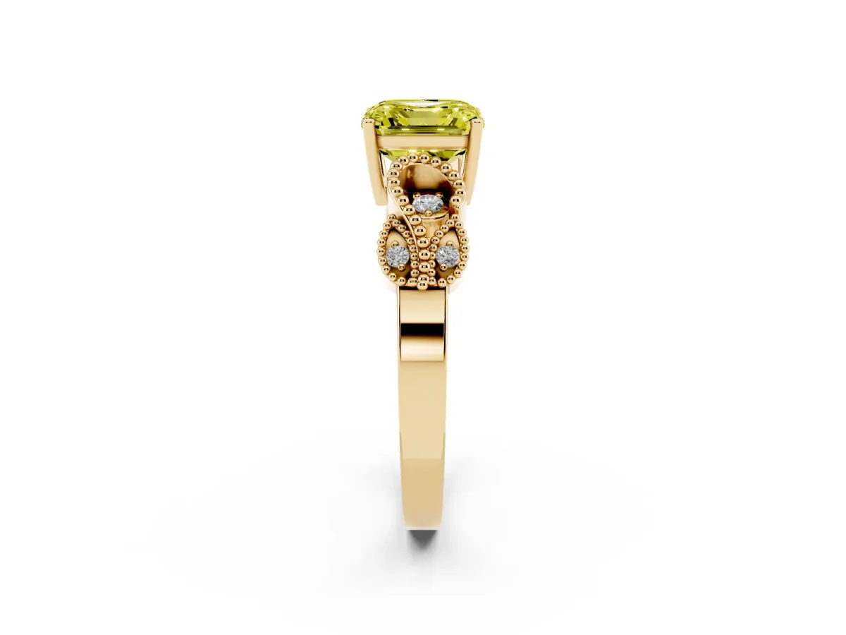 Fancy Yellow Asscher Cut Solitaire Milgrain Leaf Band with Prong Setting Yellow gold