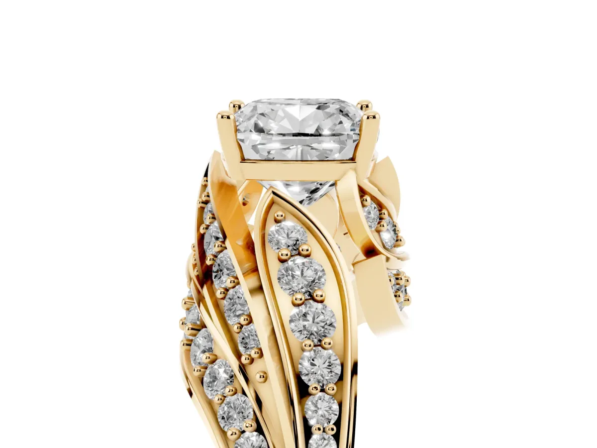Cushion Cut Diamond Solitaire Ring with Prong Setting and Twisted Pavé Band Yellow gold